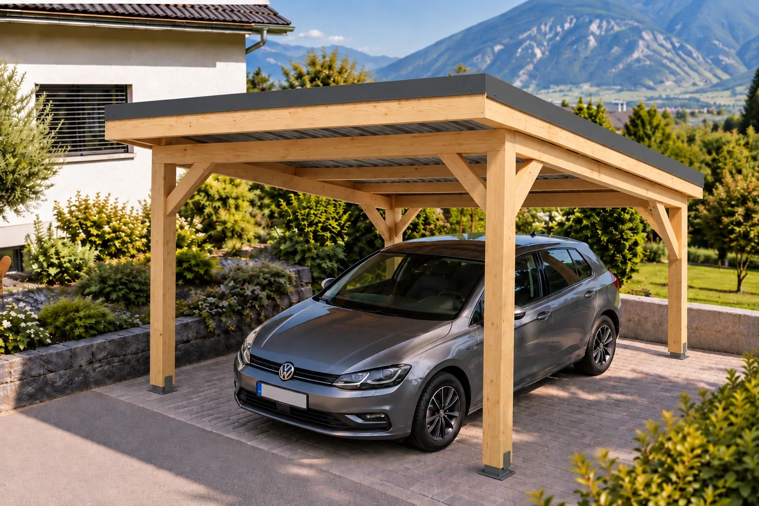 Carport 1 place en bois, toiture bac acier, une voiture à l'abri